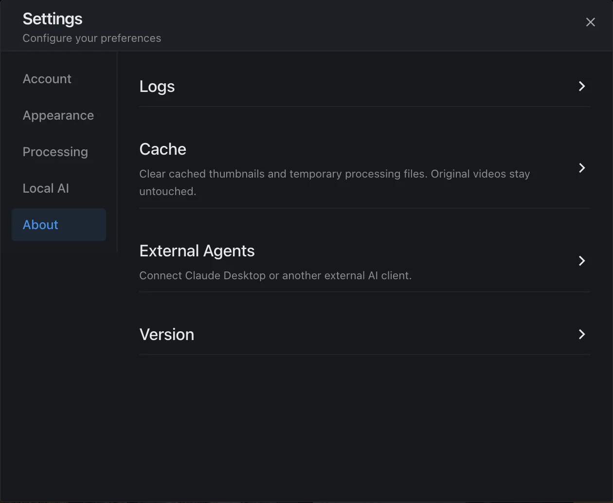 ShotAI 设置的 About 页面,显示 External Agents 入口,未包含任何凭据。